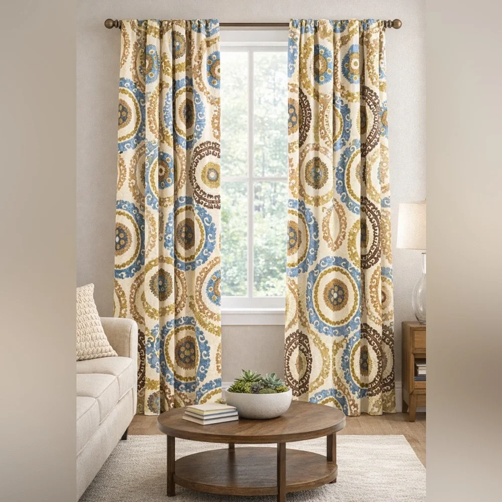 Suzani Jacquard Rod Pocket Window Curtains Bundle Panels Set of 2 NWT